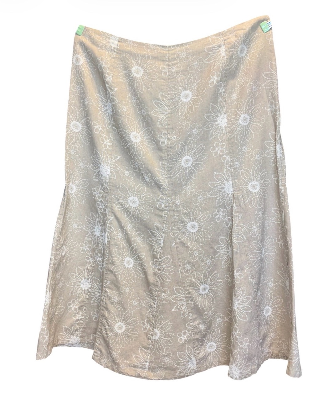 Kim Rogers 100% Linen Neutral Color White Floral Print Vintage Y2K Midi Skirt